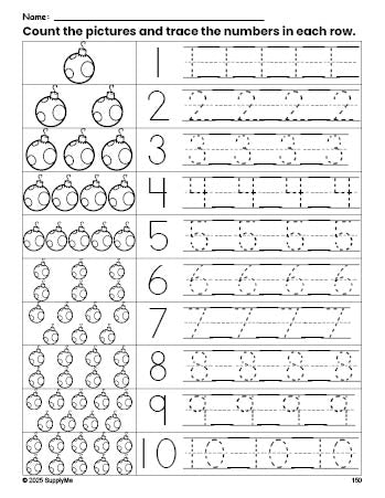 Free printable Christmas ornament counting worksheet for preschool and pre-k with number tracing practice 1-10, PDF