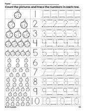 Free printable Christmas ornament counting worksheet for preschool and pre-k with number tracing practice 1-10, PDF