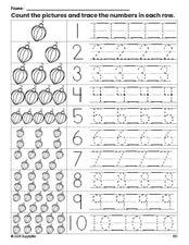 Free printable Christmas ornament counting worksheet for preschool and pre-k with number tracing practice 1-10, PDF