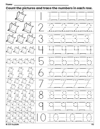 Free printable Christmas ornament counting worksheet for preschool and pre-k with number tracing practice 1-10, PDF