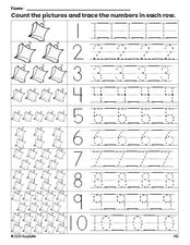 Free printable Christmas ornament counting worksheet for preschool and pre-k with number tracing practice 1-10, PDF