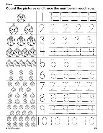 Free printable Christmas ornament counting worksheet for preschool and pre-k with number tracing practice 1-10, PDF