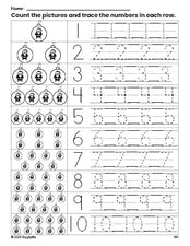 Free printable Christmas ornament counting worksheet for preschool and pre-k with number tracing practice 1-10, PDF