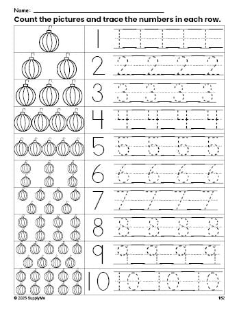 Free printable Christmas ornament counting worksheet for preschool and pre-k with number tracing practice 1-10, PDF