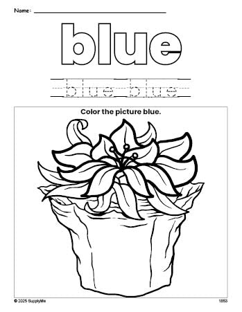 Free Christmas poinsettia color blue coloring page and color worksheet, blue worksheet for preschoolers to learn colors, printable PDF