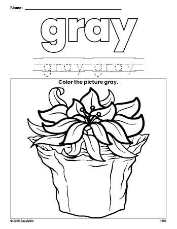 Free Christmas poinsettia color gray coloring page and color worksheet, gray worksheet for preschoolers to learn colors, printable PDF