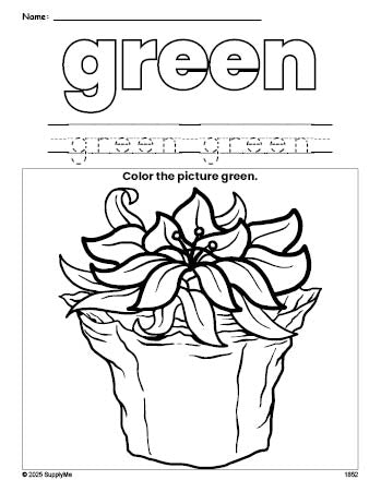 Free Christmas poinsettia color green coloring page and color worksheet, green worksheet for preschoolers to learn colors, printable PDF