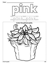 Free Christmas poinsettia color pink coloring page and color worksheet, pink worksheet for preschoolers to learn colors, printable PDF