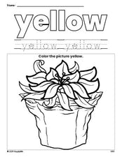 Free Christmas poinsettia color yellow coloring page and color worksheet, yellow worksheet for preschoolers to learn colors, printable PDF