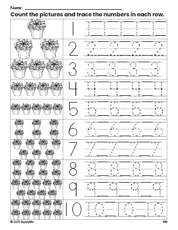 Free printable Christmas poinsettia counting worksheet for preschool and pre-k with number tracing practice 1-10, PDF