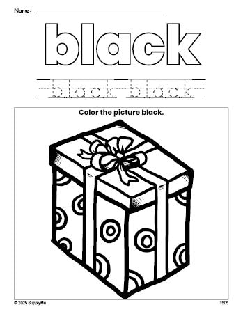 Free Christmas present color black coloring page and color worksheet, black worksheet for preschoolers to learn colors, printable PDF