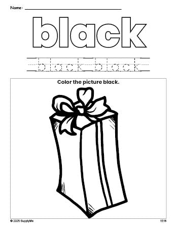 Free Christmas present color black coloring page and color worksheet, black worksheet for preschoolers to learn colors, printable PDF