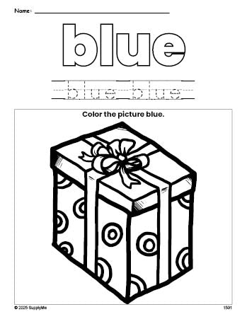 Free Christmas present color blue coloring page and color worksheet, blue worksheet for preschoolers to learn colors, printable PDF