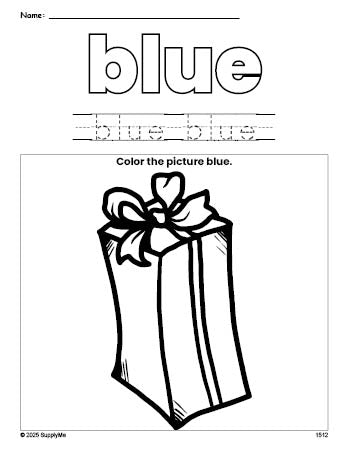 Free Christmas present color blue coloring page and color worksheet, blue worksheet for preschoolers to learn colors, printable PDF