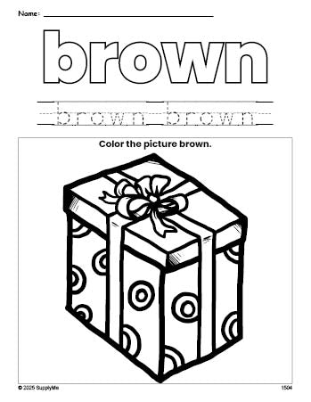 Free Christmas present color brown coloring page and color worksheet, brown worksheet for preschoolers to learn colors, printable PDF