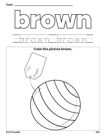 Free Christmas present color brown coloring page and color worksheet, brown worksheet for preschoolers to learn colors, printable PDF