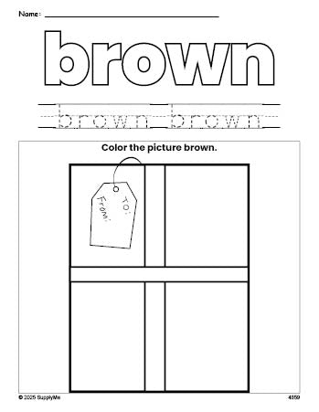 Free Christmas present color brown coloring page and color worksheet, brown worksheet for preschoolers to learn colors, printable PDF