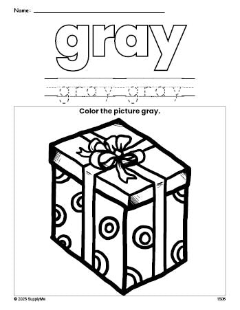 Free Christmas present color gray coloring page and color worksheet, gray worksheet for preschoolers to learn colors, printable PDF