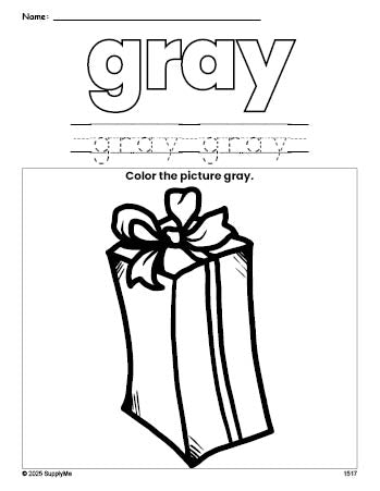 Free Christmas present color gray coloring page and color worksheet, gray worksheet for preschoolers to learn colors, printable PDF