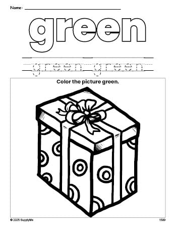 Free Christmas present color green coloring page and color worksheet, green worksheet for preschoolers to learn colors, printable PDF