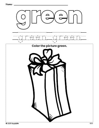 Free Christmas present color green coloring page and color worksheet, green worksheet for preschoolers to learn colors, printable PDF