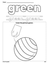 Free Christmas present color green coloring page and color worksheet, green worksheet for preschoolers to learn colors, printable PDF