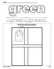 Free Christmas present color green coloring page and color worksheet, green worksheet for preschoolers to learn colors, printable PDF