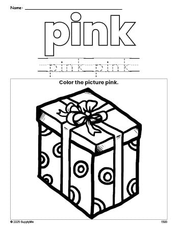 Free Christmas present color pink coloring page and color worksheet, pink worksheet for preschoolers to learn colors, printable PDF