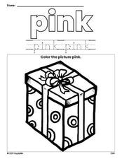 Free Christmas present color pink coloring page and color worksheet, pink worksheet for preschoolers to learn colors, printable PDF