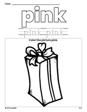 Free Christmas present color pink coloring page and color worksheet, pink worksheet for preschoolers to learn colors, printable PDF