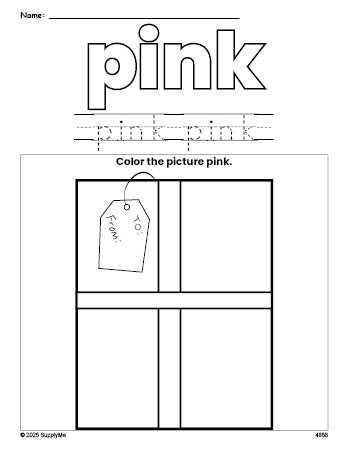 Free Christmas present color pink coloring page and color worksheet, pink worksheet for preschoolers to learn colors, printable PDF