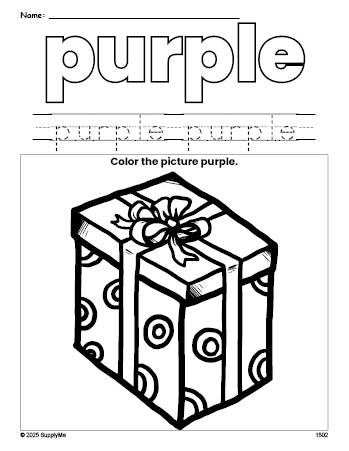 Free Christmas present color purple coloring page and color worksheet, purple worksheet for preschoolers to learn colors, printable PDF