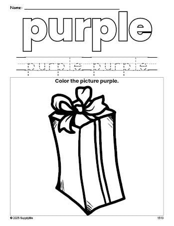 Free Christmas present color purple coloring page and color worksheet, purple worksheet for preschoolers to learn colors, printable PDF