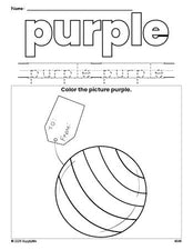 Free Christmas present color purple coloring page and color worksheet, purple worksheet for preschoolers to learn colors, printable PDF