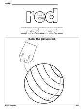 Free Christmas present color red coloring page and color worksheet, red worksheet for preschoolers to learn colors, printable PDF