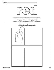 Free Christmas present color red coloring page and color worksheet, red worksheet for preschoolers to learn colors, printable PDF