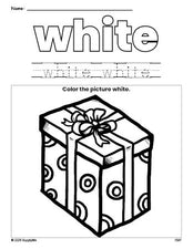 Free Christmas present color white coloring page and color worksheet, white worksheet for preschoolers to learn colors, printable PDF