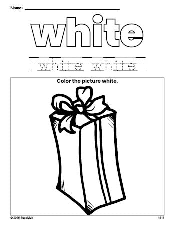 Free Christmas present color white coloring page and color worksheet, white worksheet for preschoolers to learn colors, printable PDF