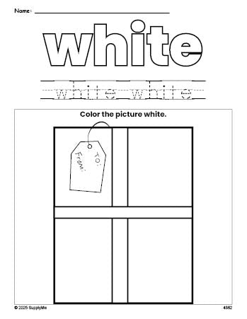 Free Christmas present color white coloring page and color worksheet, white worksheet for preschoolers to learn colors, printable PDF