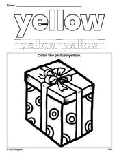 Free Christmas present color yellow coloring page and color worksheet, yellow worksheet for preschoolers to learn colors, printable PDF