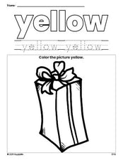 Free Christmas present color yellow coloring page and color worksheet, yellow worksheet for preschoolers to learn colors, printable PDF