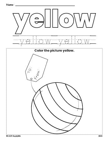 Free Christmas present color yellow coloring page and color worksheet, yellow worksheet for preschoolers to learn colors, printable PDF