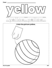 Free Christmas present color yellow coloring page and color worksheet, yellow worksheet for preschoolers to learn colors, printable PDF