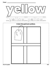 Free Christmas present color yellow coloring page and color worksheet, yellow worksheet for preschoolers to learn colors, printable PDF