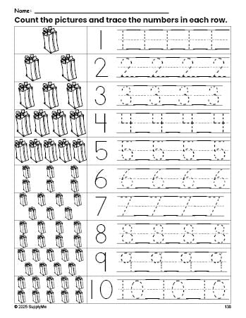 Free printable Christmas present counting worksheet for preschool and pre-k with number tracing practice 1-10, PDF