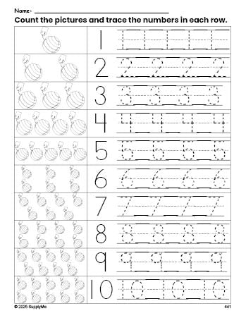 Free printable Christmas present counting worksheet for preschool and pre-k with number tracing practice 1-10, PDF