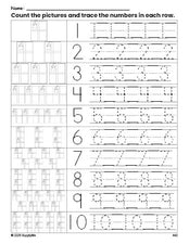 Free printable Christmas present counting worksheet for preschool and pre-k with number tracing practice 1-10, PDF