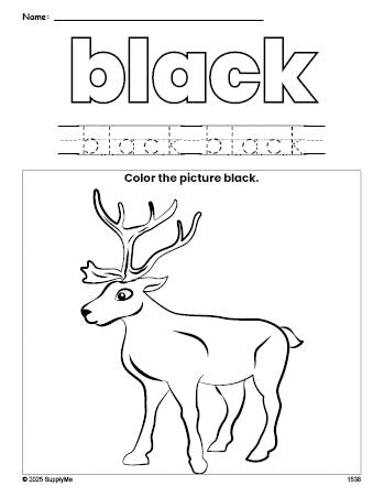 Free Christmas reindeer color black coloring page and color worksheet, black worksheet for preschoolers to learn colors, printable PDF