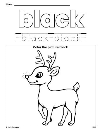 Free Christmas reindeer color black coloring page and color worksheet, black worksheet for preschoolers to learn colors, printable PDF