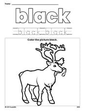 Free Christmas reindeer color black coloring page and color worksheet, black worksheet for preschoolers to learn colors, printable PDF